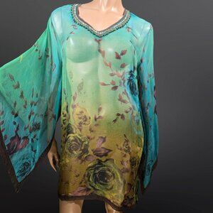 Vintage Floral Caftan Sheer Beach Cover Up Dress Size M Teal Green Brown Beaded